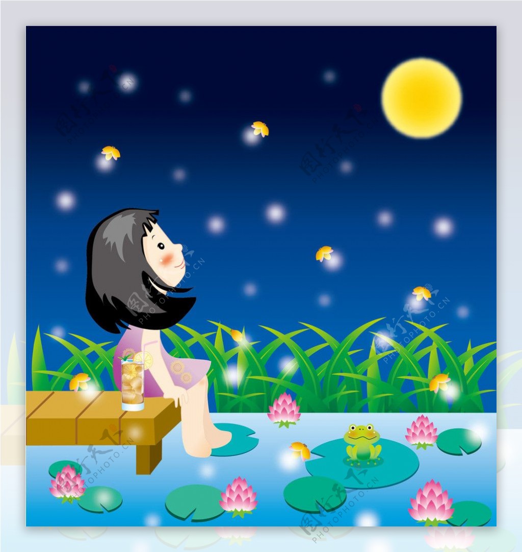 坐在码头看月亮的女孩图片