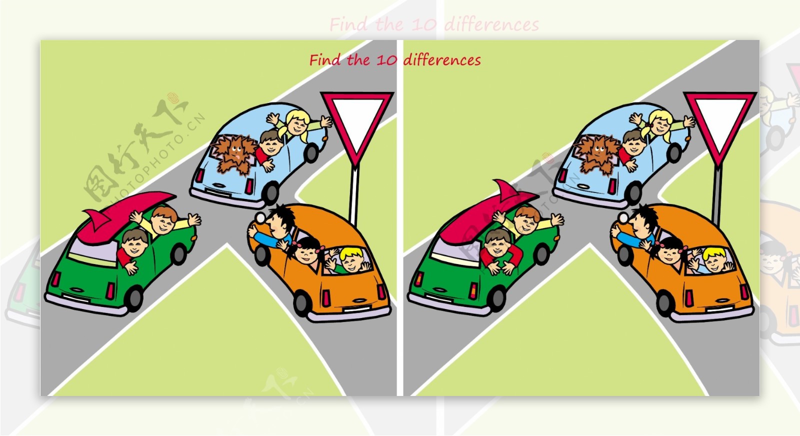 找不同图片卡通开车在公路上兜风的儿童
