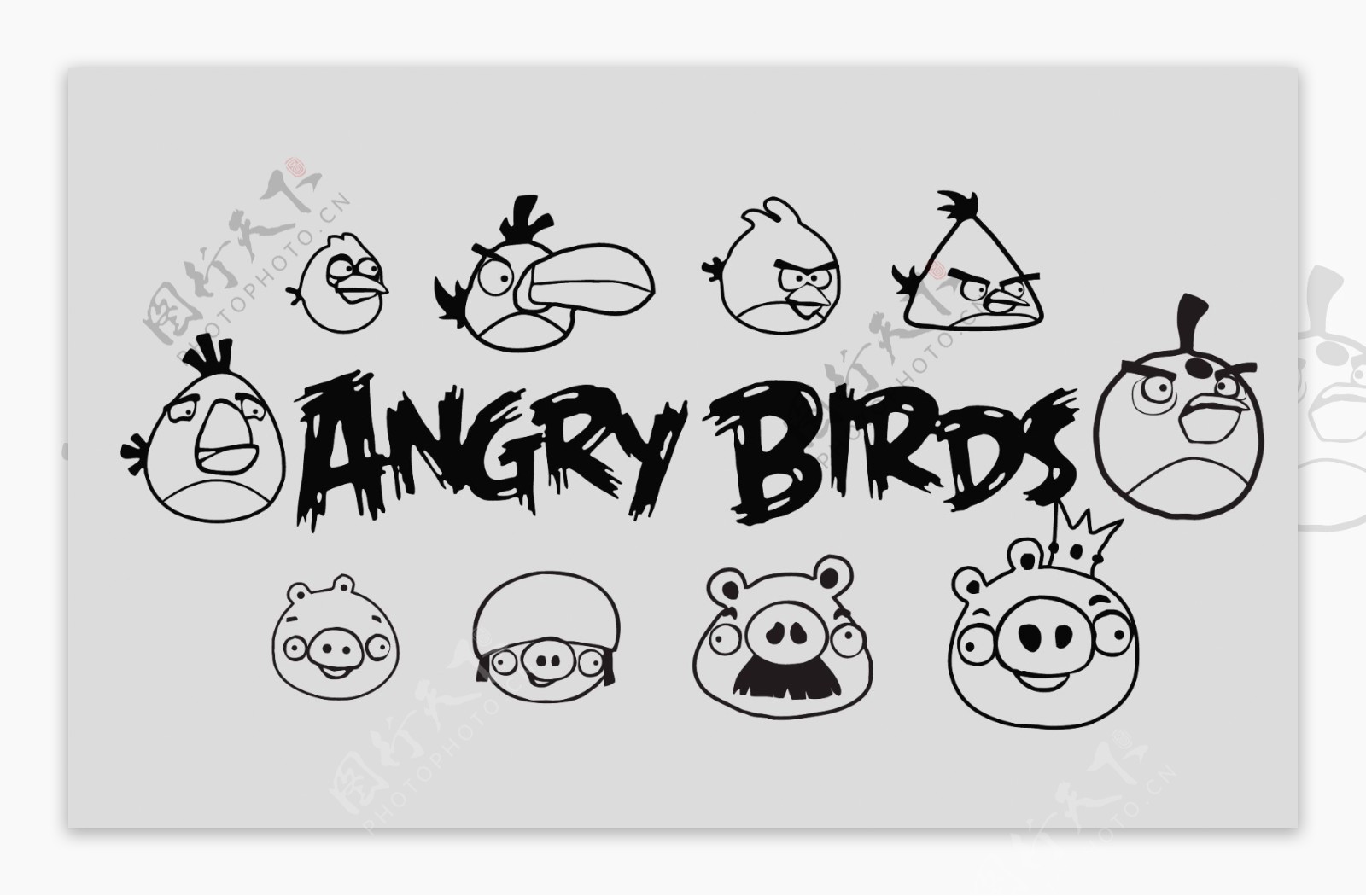 愤怒的小鸟系列黑色线条矢量图图片