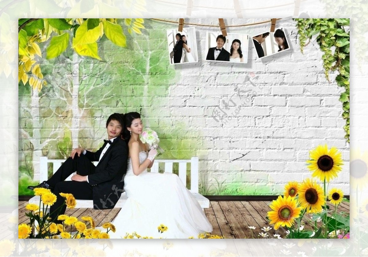 小花小草前景韩国创意卡通婚纱模板图片