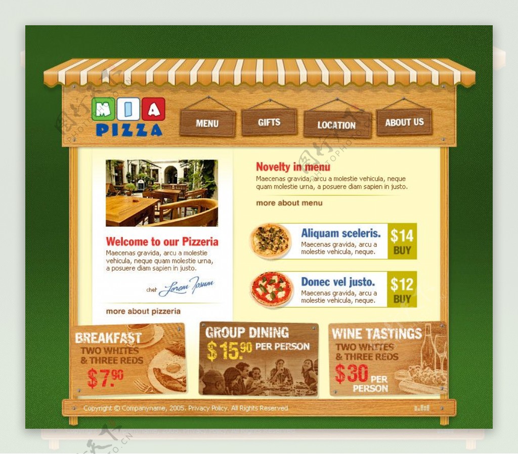 美食餐厅绿色背景网页模版卡通屋檐披萨招牌木板比萨图片
