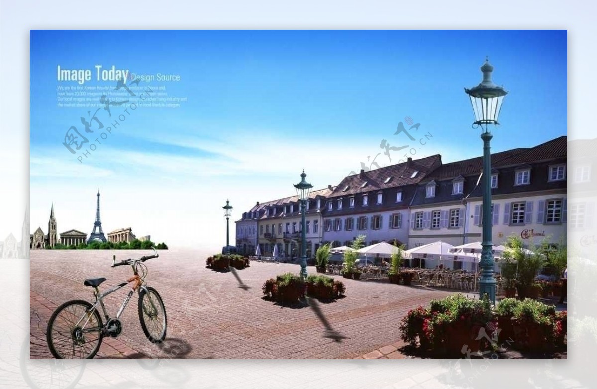 城市中心休闲广场上的自行车图片