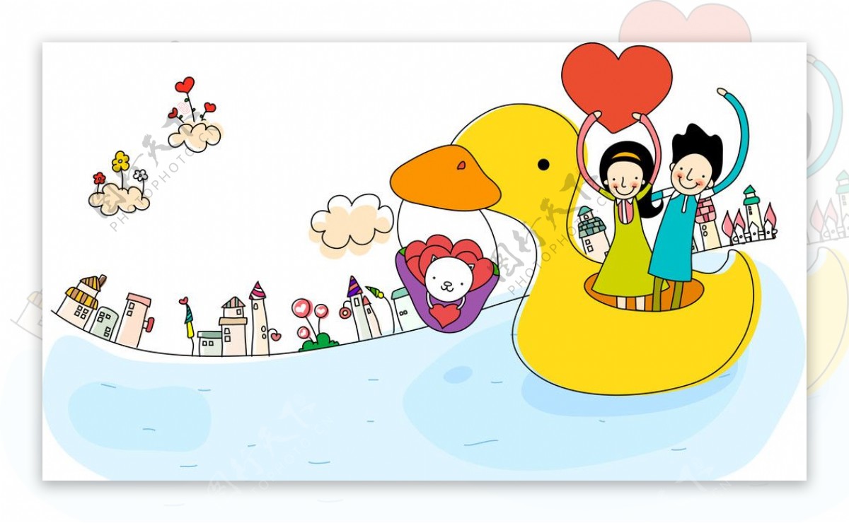 小鸭子船上的卡通情侣图片