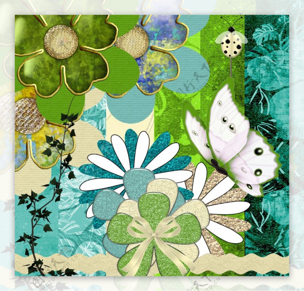 花朵缎带蝴蝶结蓝白绿图片