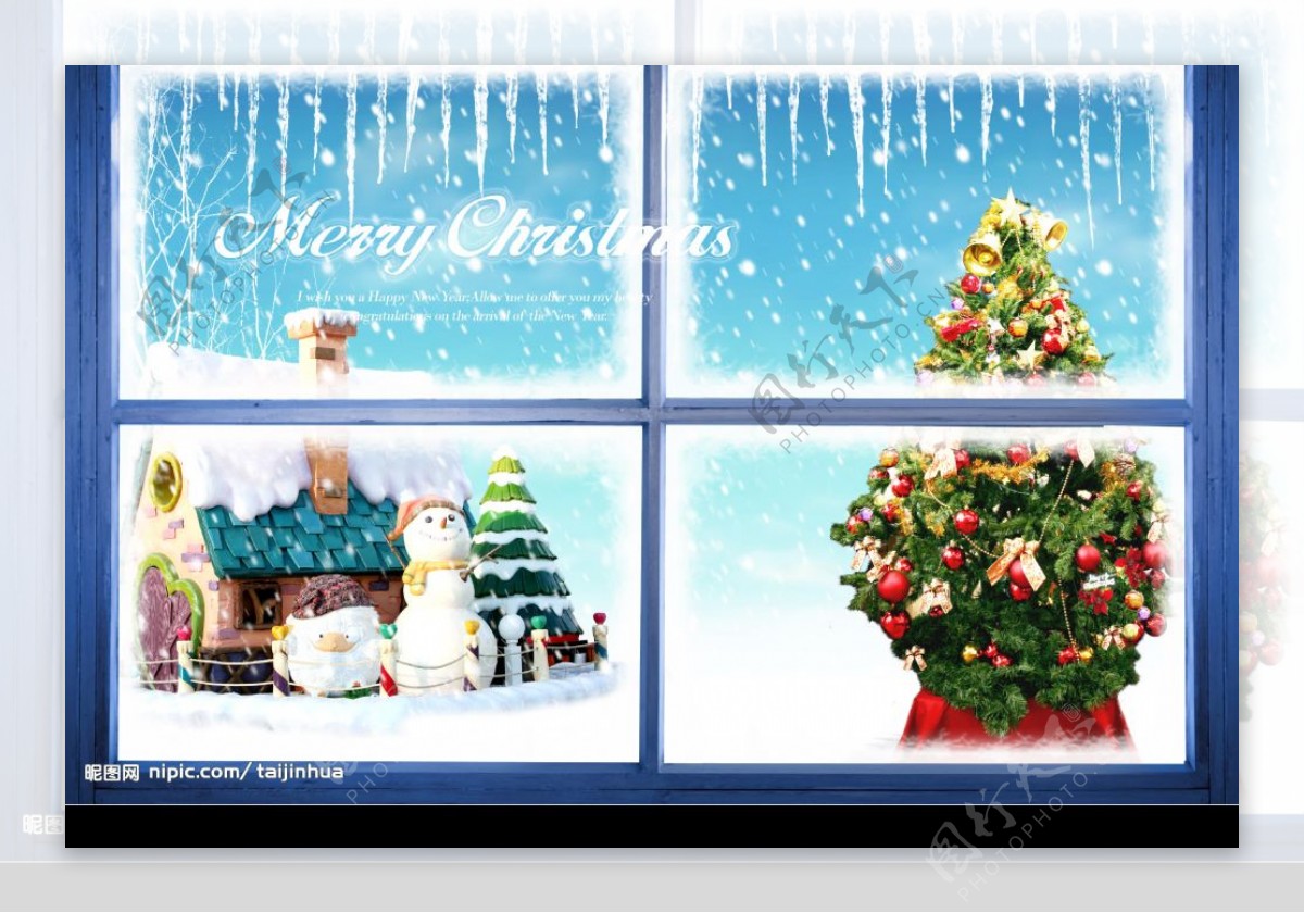 圣诞节素材窗外的冰凌雪人和圣诞树图片