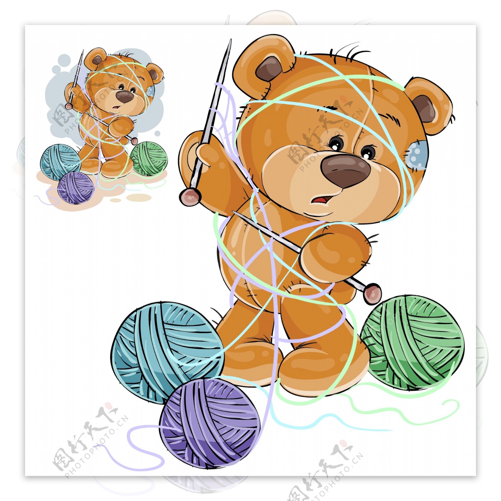 被毛线缠绕的棕色泰迪熊