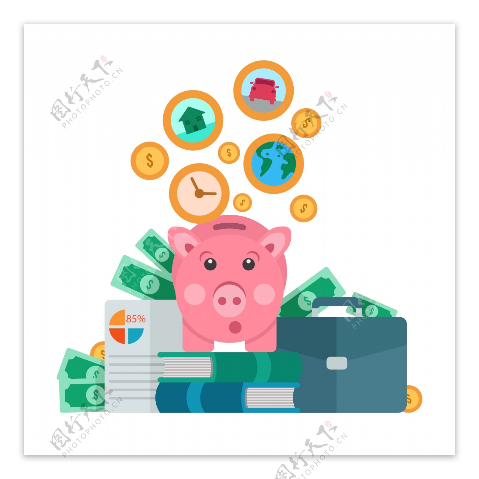 平面小猪存钱罐和硬币钞票