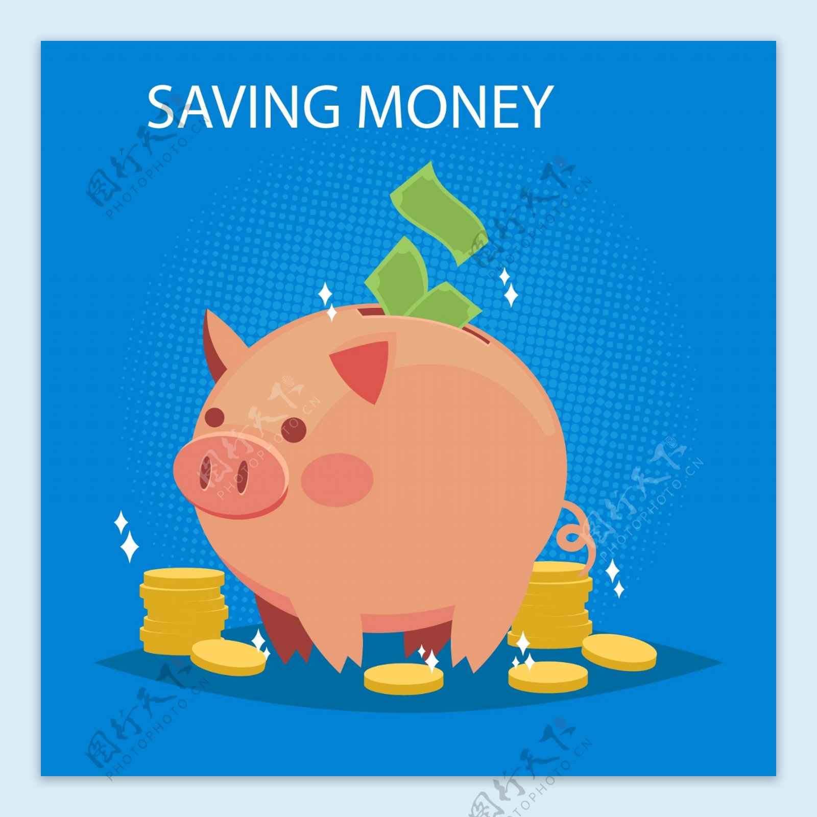 蓝色钞票和硬币小猪存钱罐背景