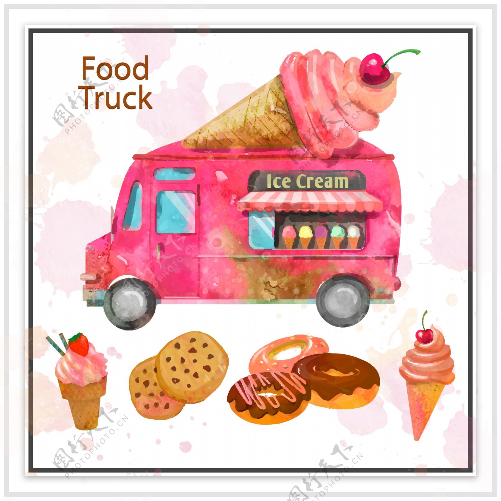 水彩绘冰淇淋车和4款甜品矢量素