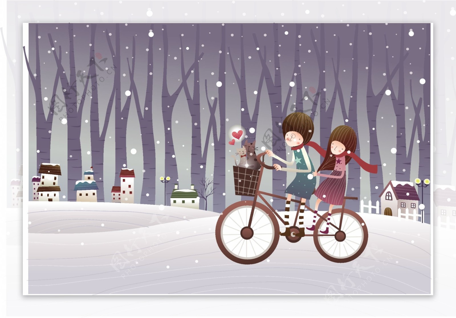 卡通冬季情侣风景素材背景