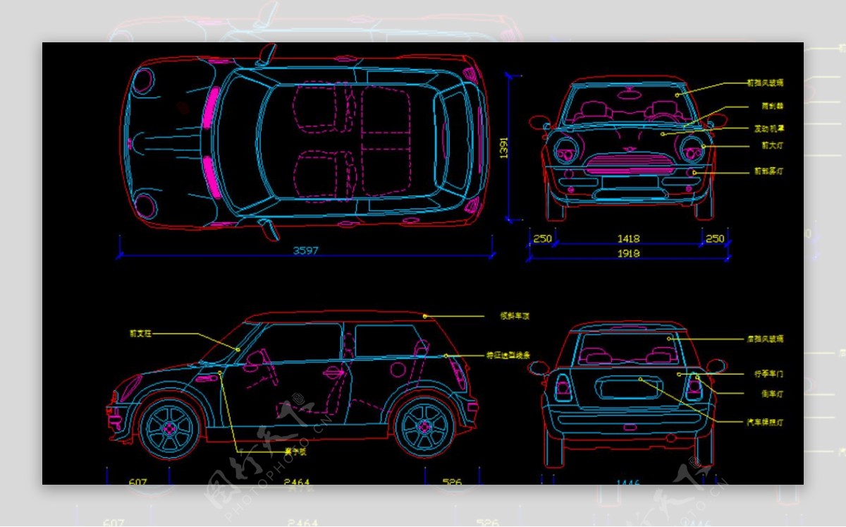 CAD迷你酷珀尔汽车三视图