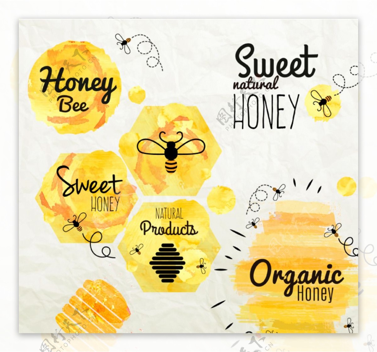 水彩蜂蜜标签矢量图