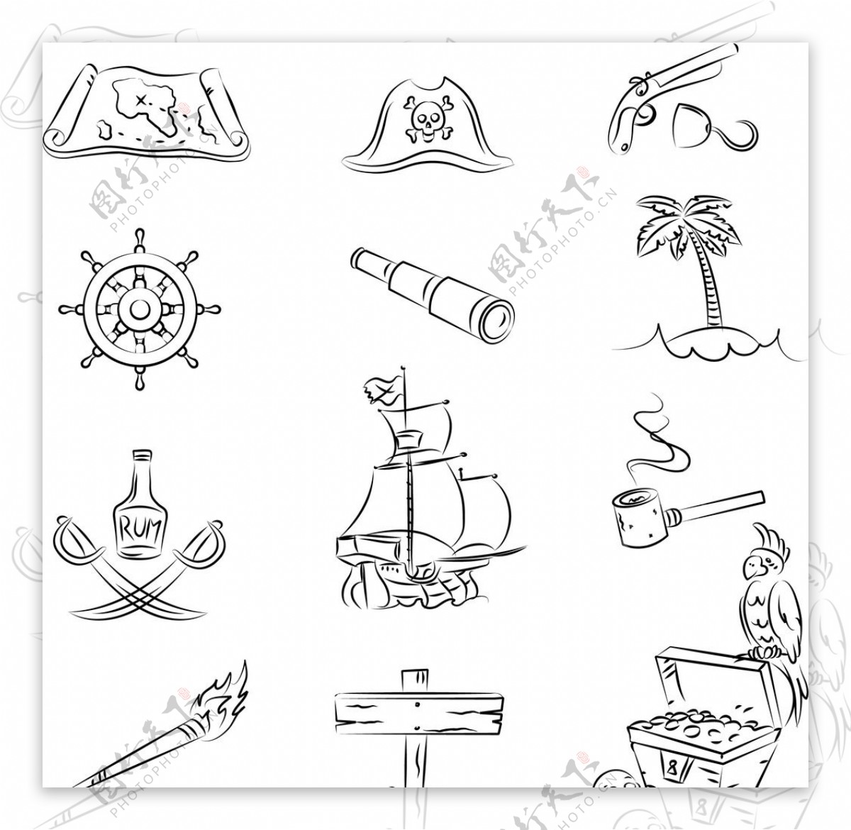 线描海洋海盗元素图标