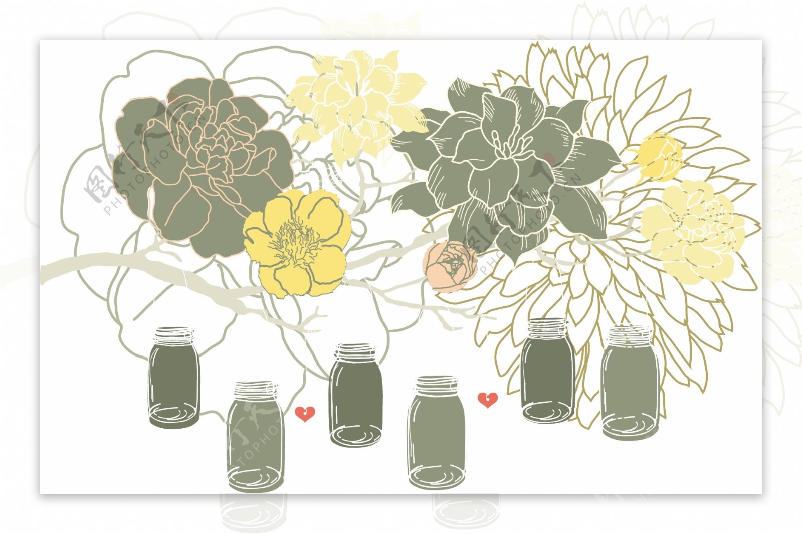 花朵与瓶瓶罐罐温馨插画