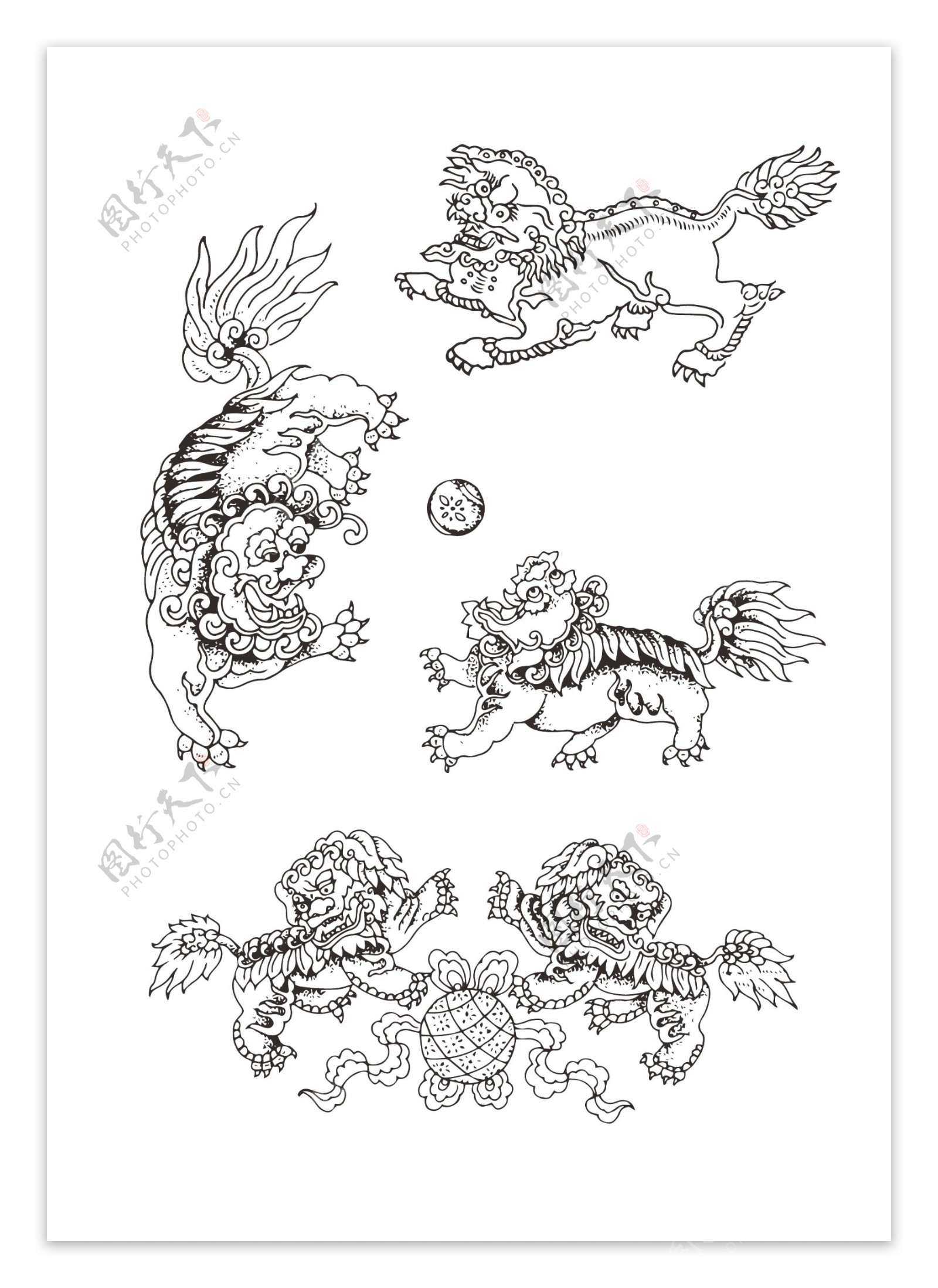 矢量中国传统纹样瑞兽线条