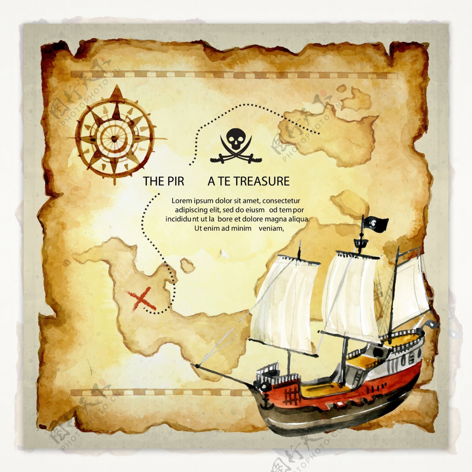水彩藏宝图和海盗船背景