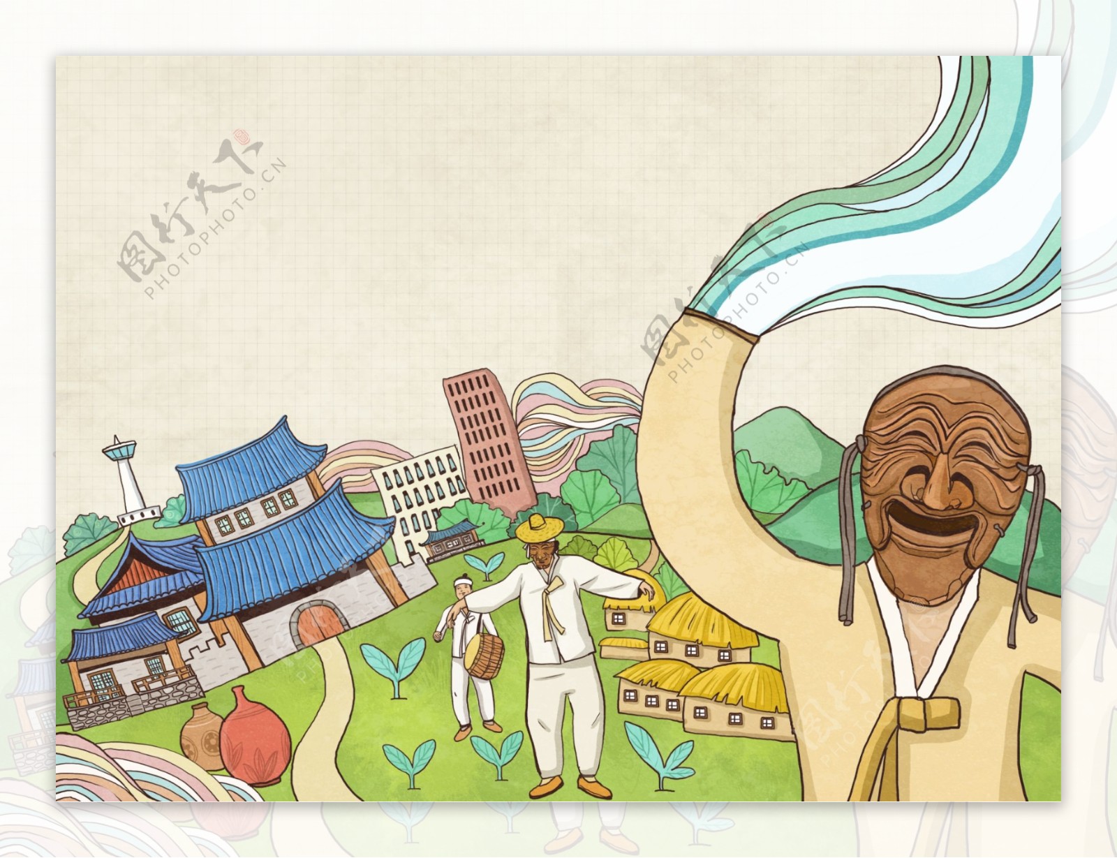 韩国首尔旅游手绘民俗欢乐素材
