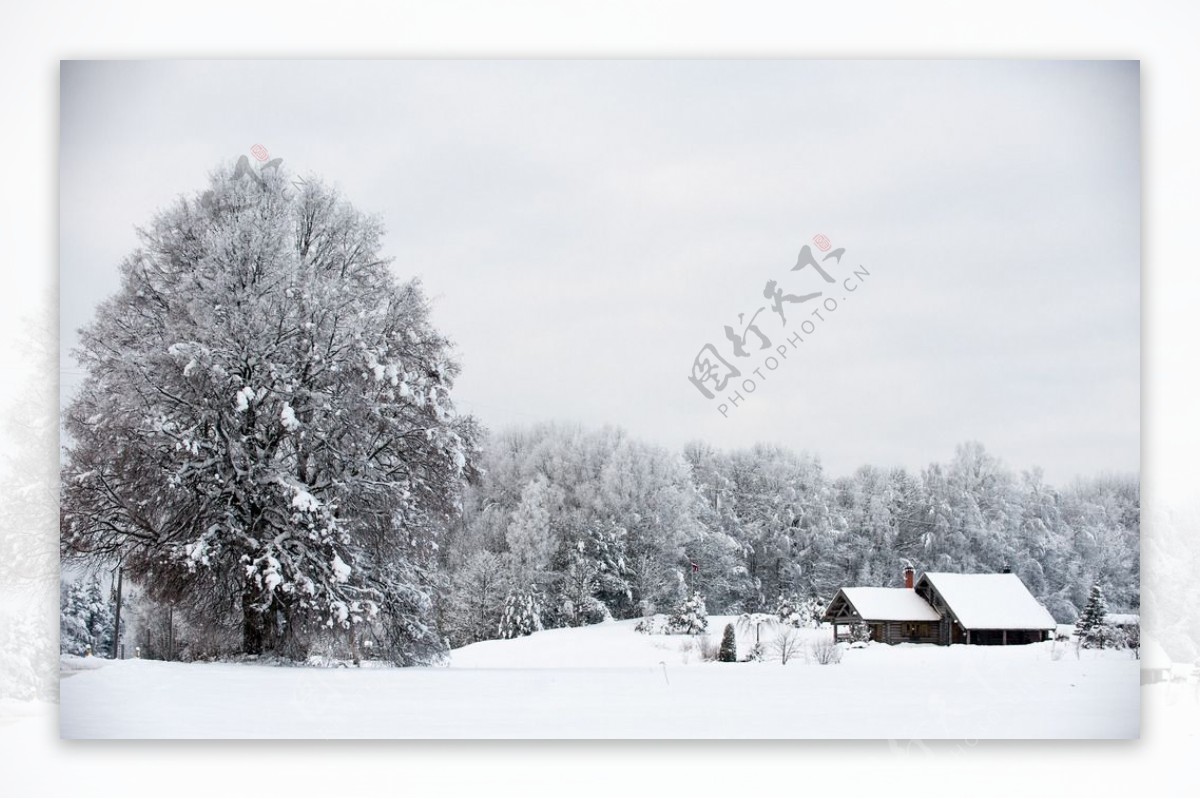 深山雪景中的小屋