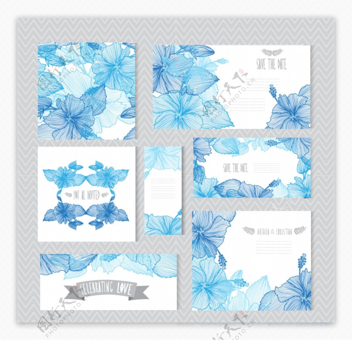 蓝色手绘花卉婚礼卡片