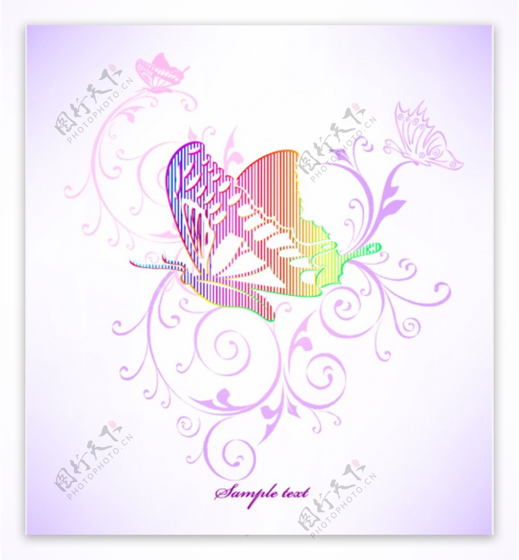 彩虹色手绘线条花纹蝴蝶