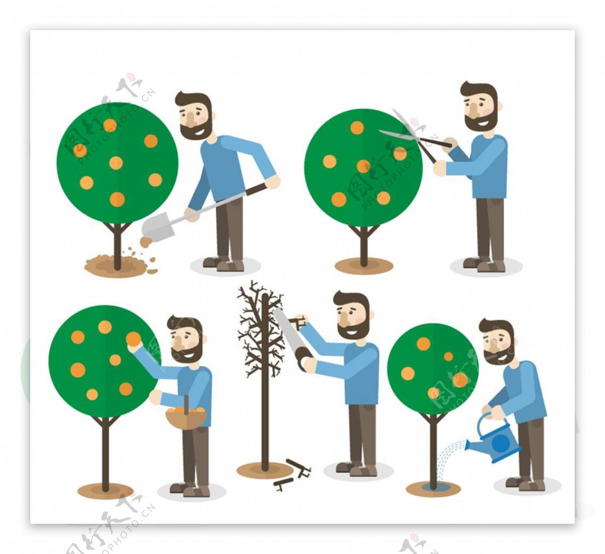 海报模5款护理果树的园丁矢量图
