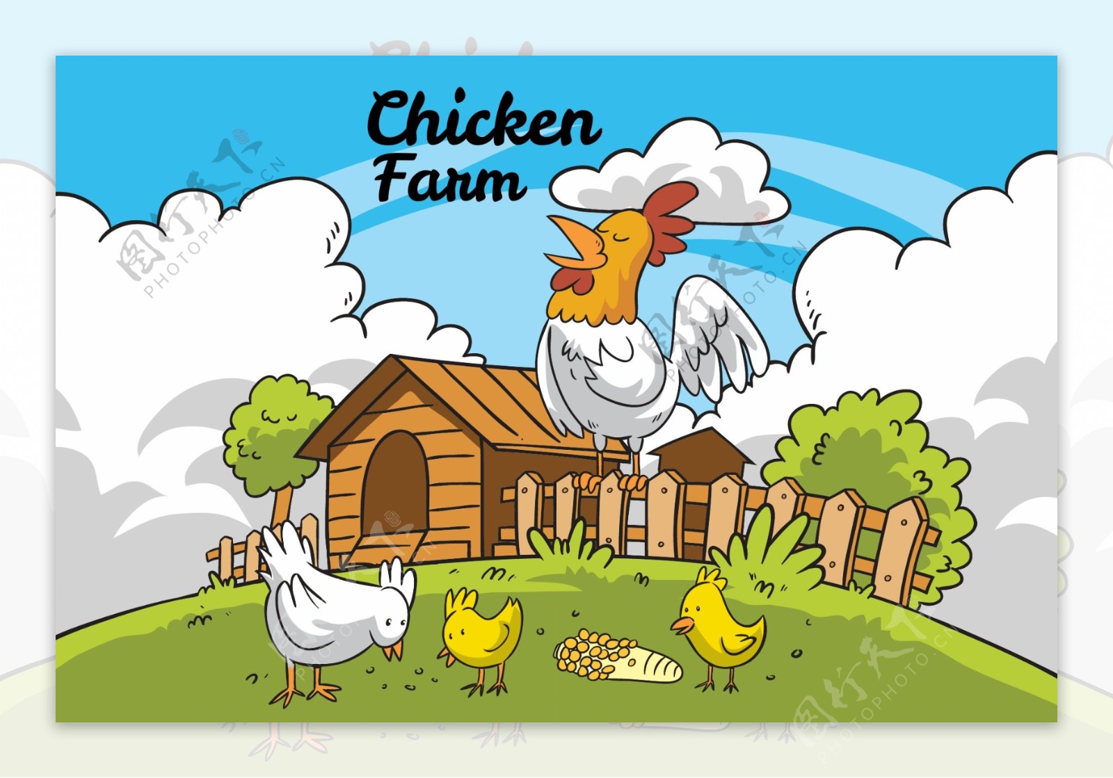卡通农场鸡舍插图