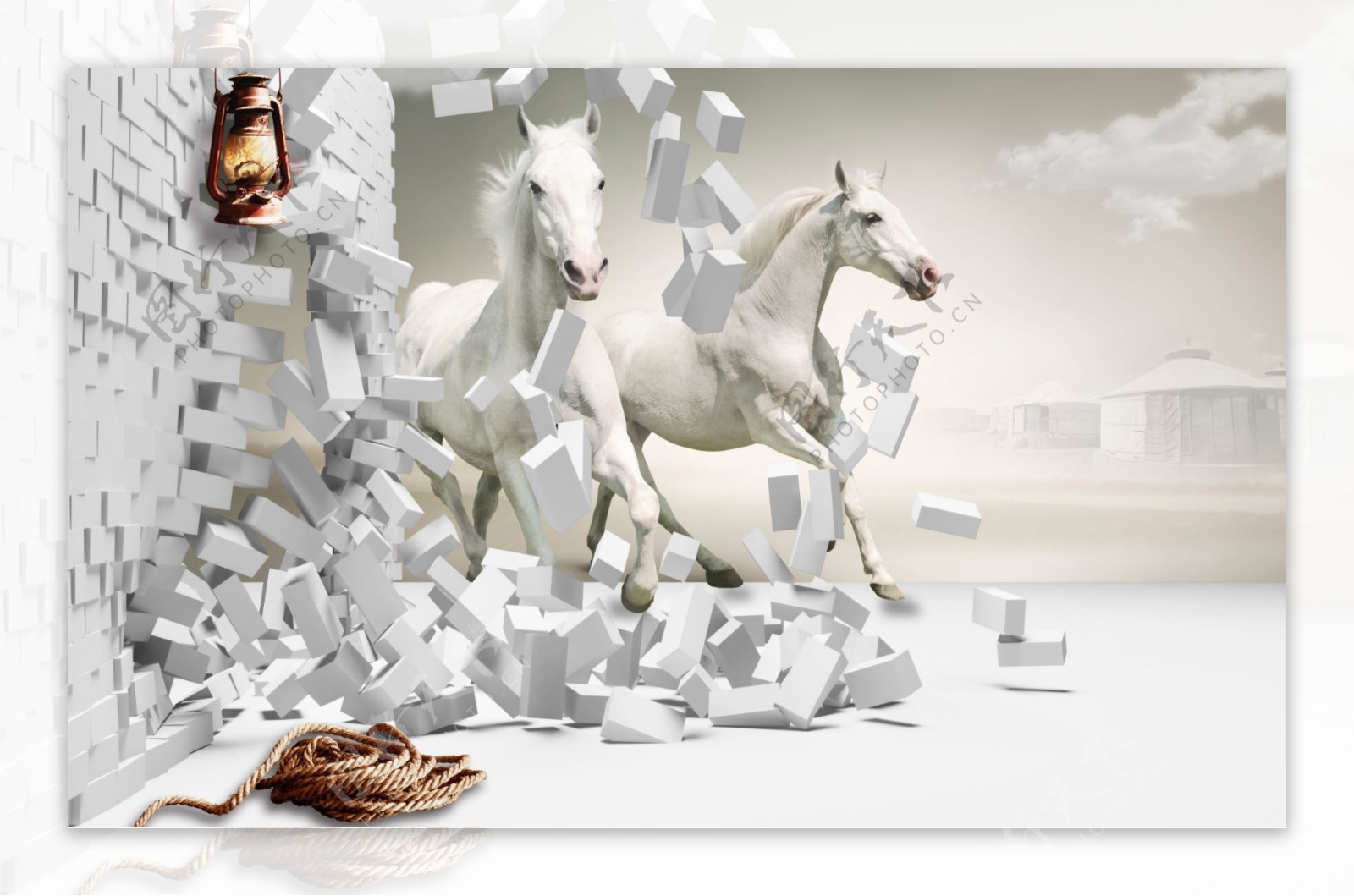 3D立体白色奔马背景墙图案