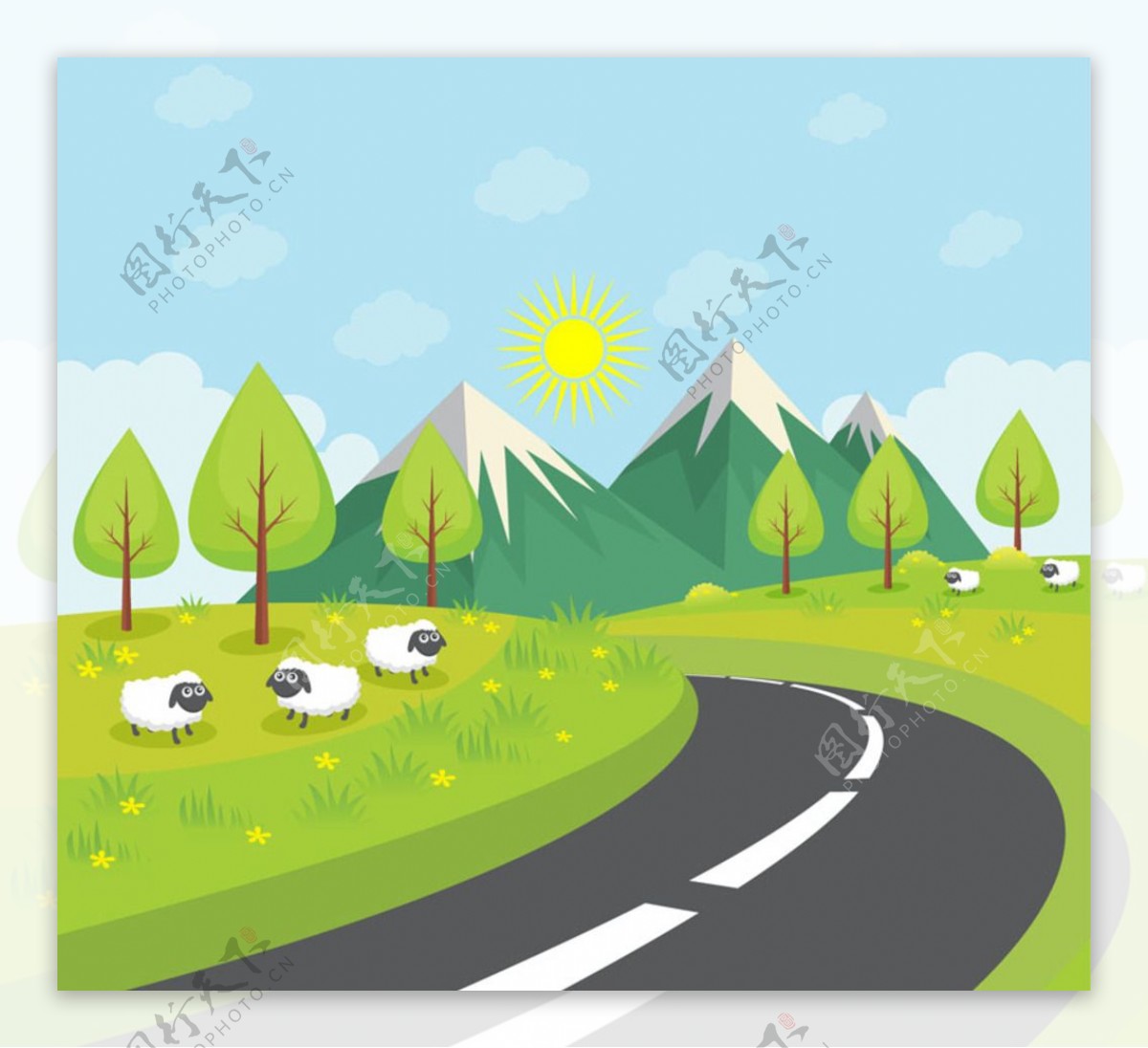 郊外公路风景和绵羊