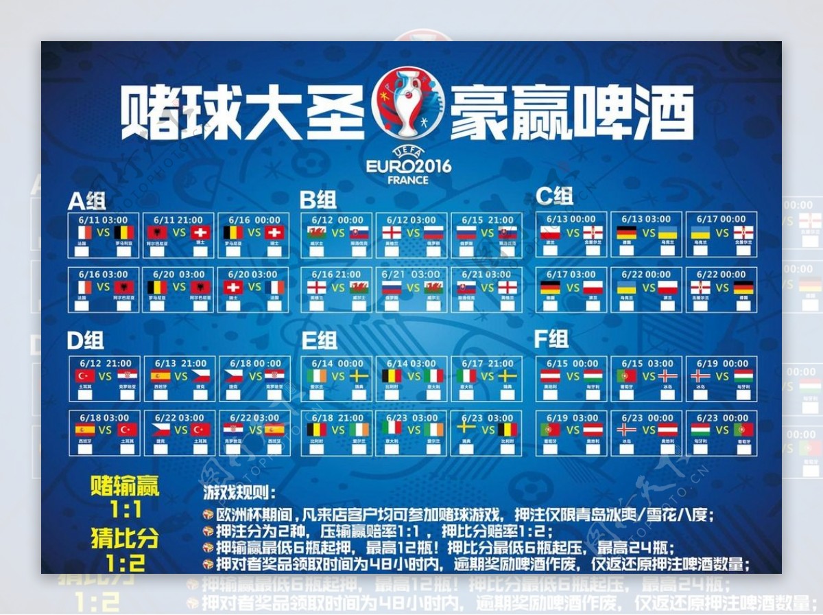 2016法国欧洲杯小组对战表