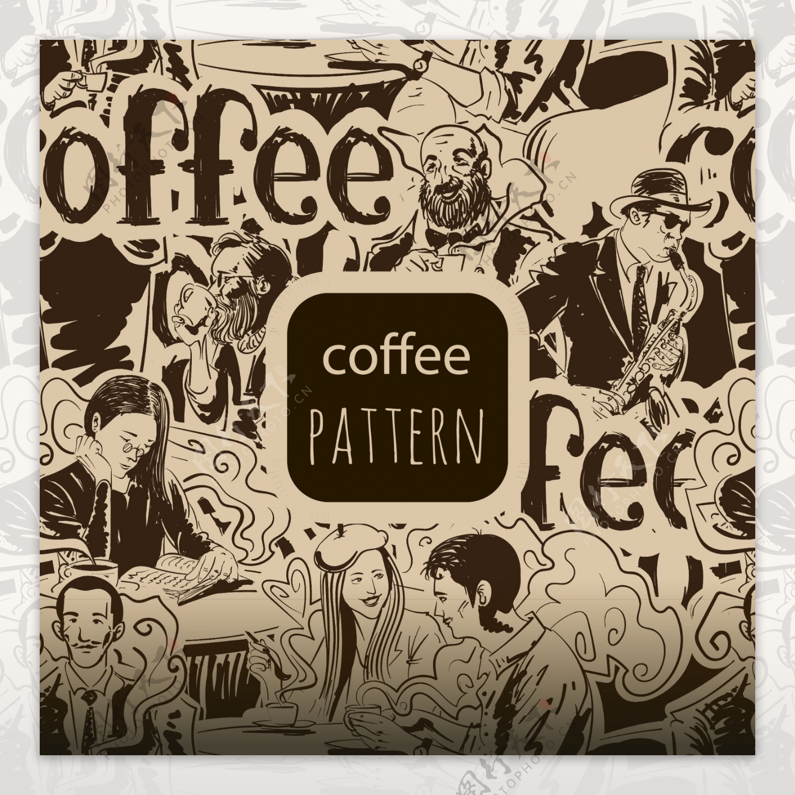 手绘喝咖啡的场景插图