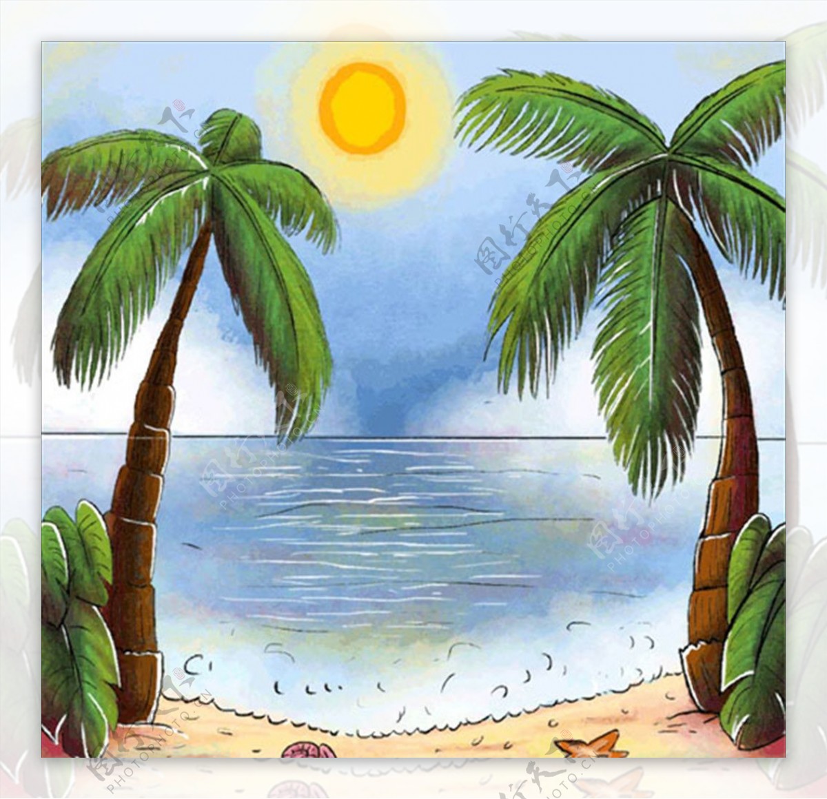 手绘水彩海边棕榈树风景