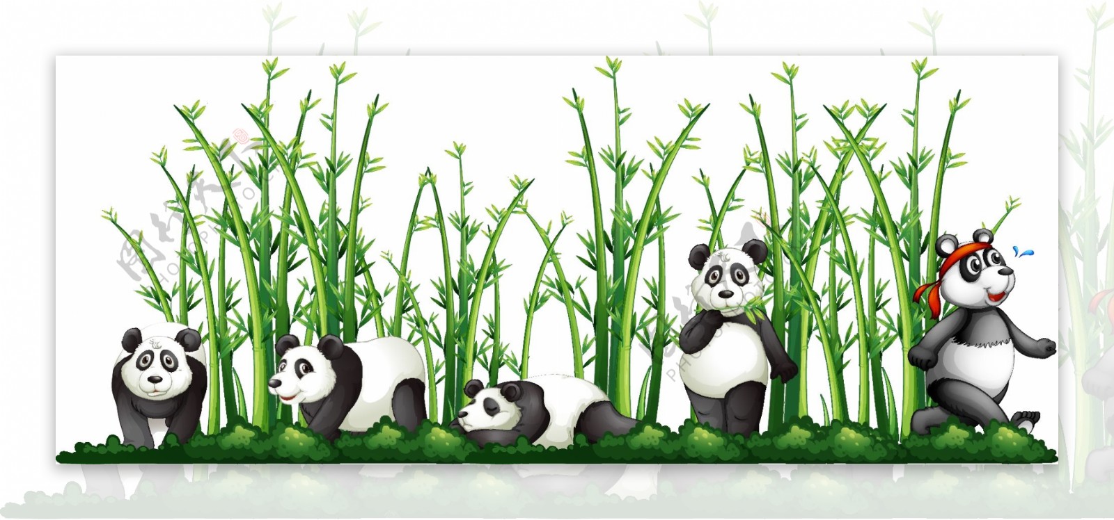 卡通熊猫树叶竹林