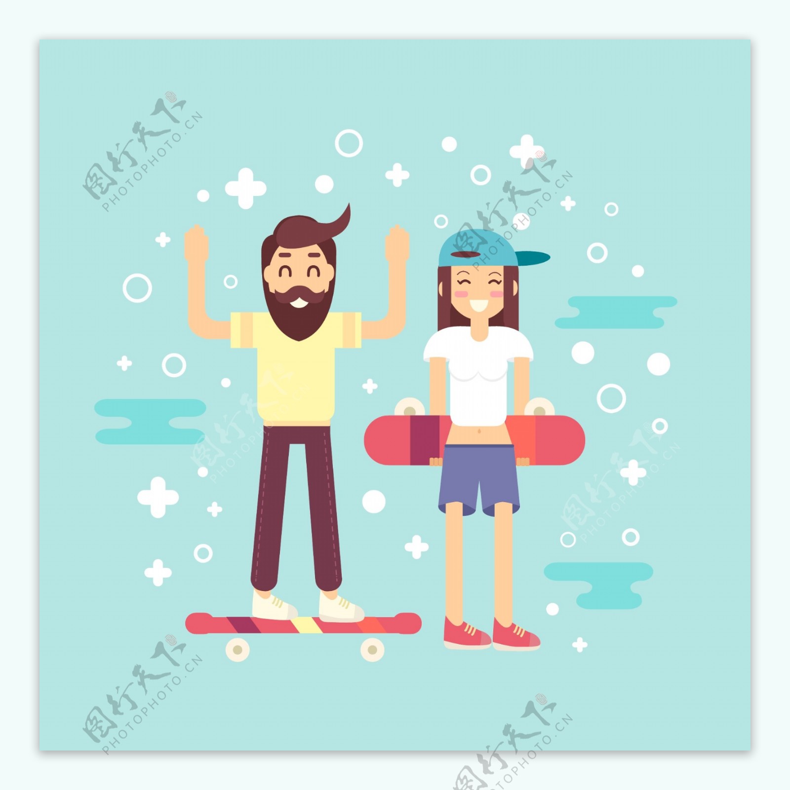 卡通滑滑板的男女插图