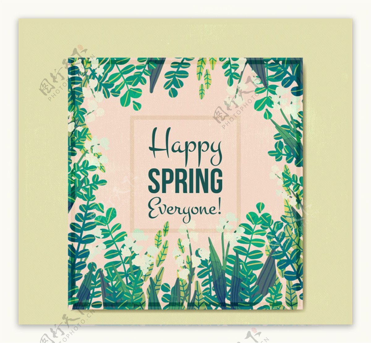 快乐春季绿叶方形卡片矢量素材