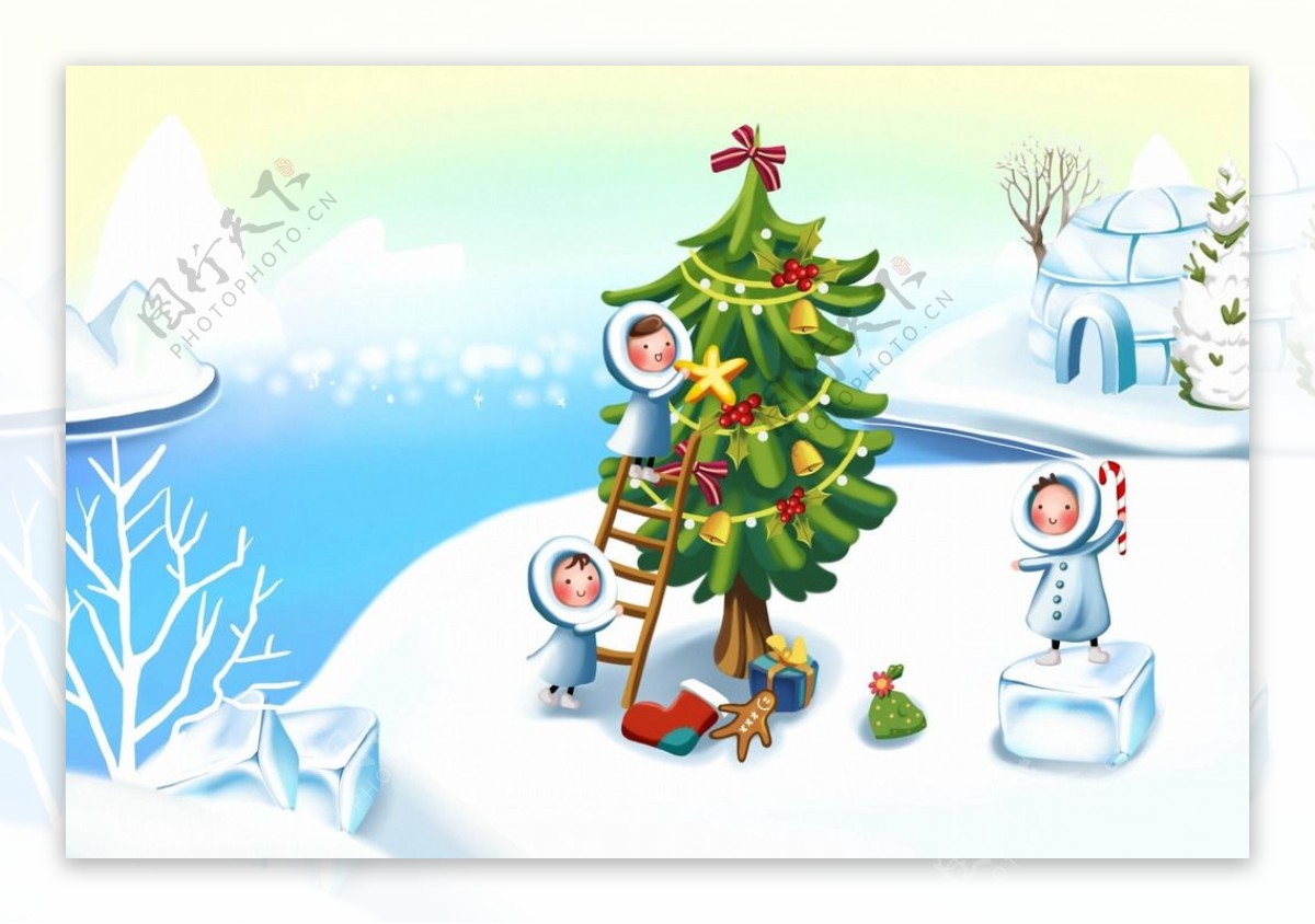 卡通雪景圣诞树背景素材