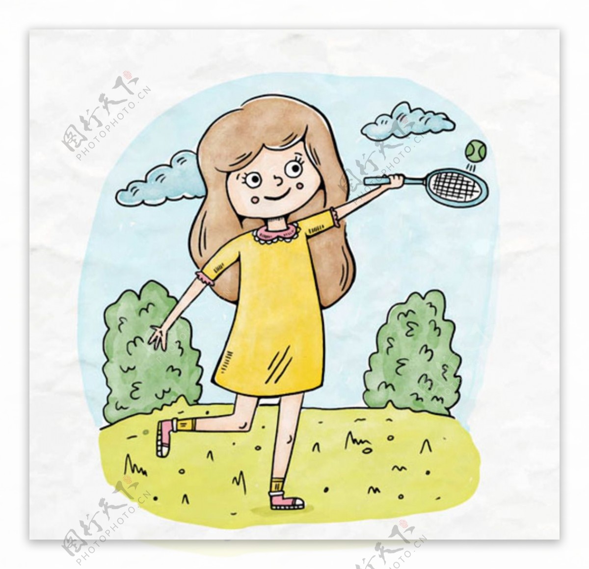 手绘儿童节打网球的女孩子