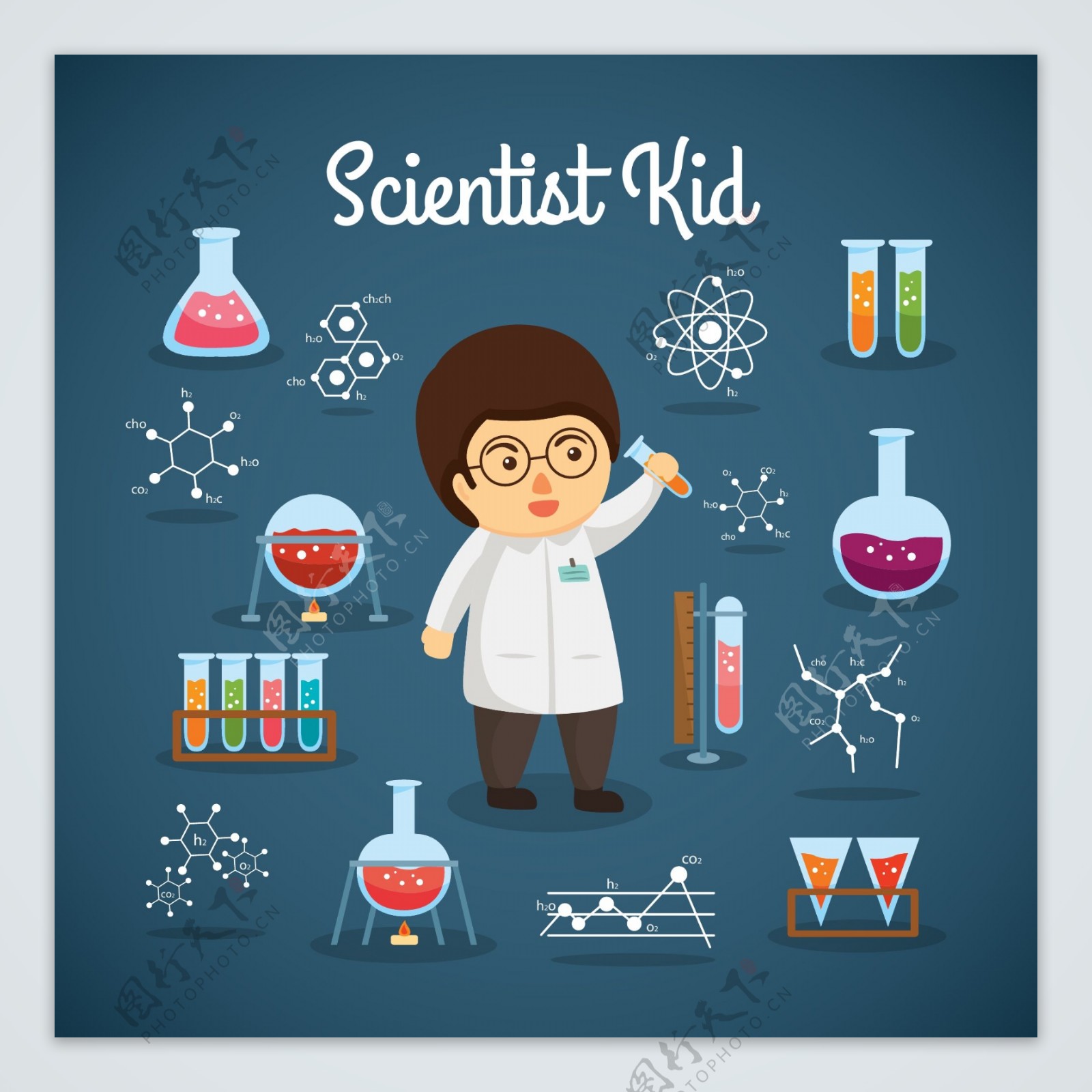 卡通儿童节做化学实验的孩子