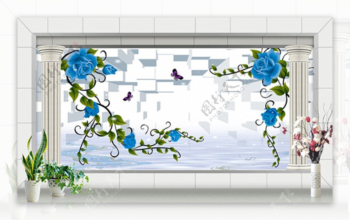 3D立体蓝色玫瑰水中倒影背景图