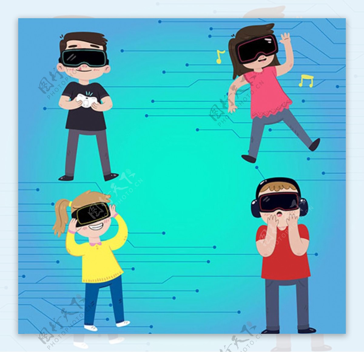 卡通戴VR虚拟眼镜的孩子