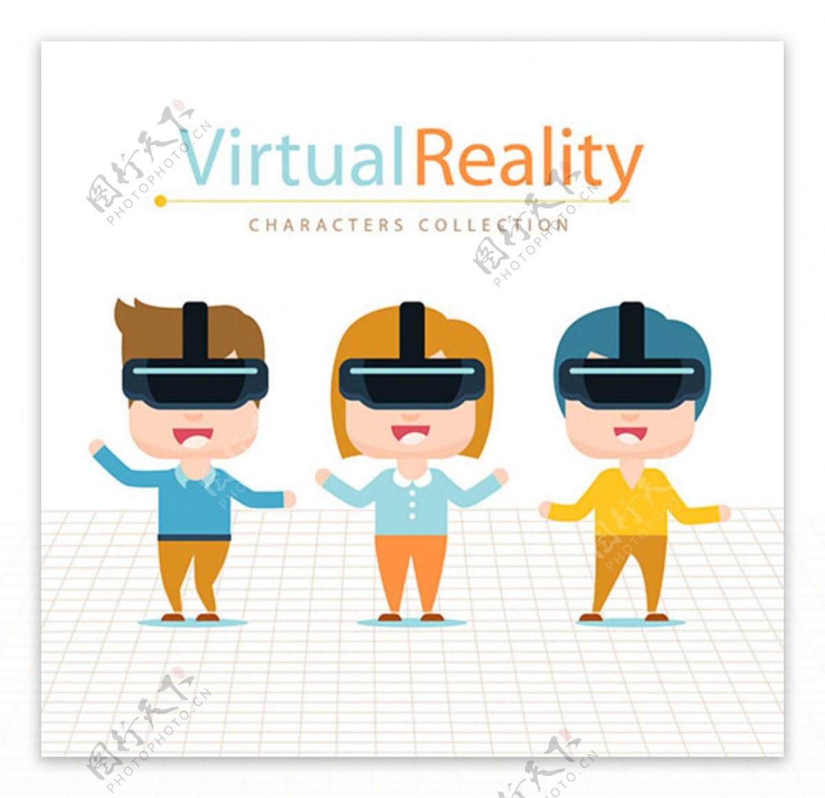 卡通戴VR虚拟现实眼镜的青年