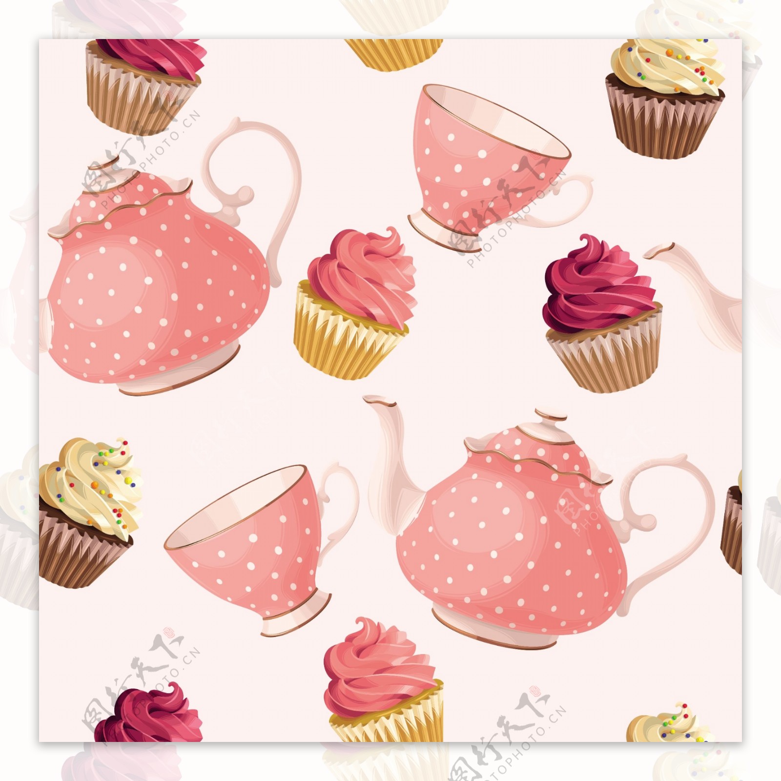 粉色系卡通茶会蛋糕矢量纹理背景