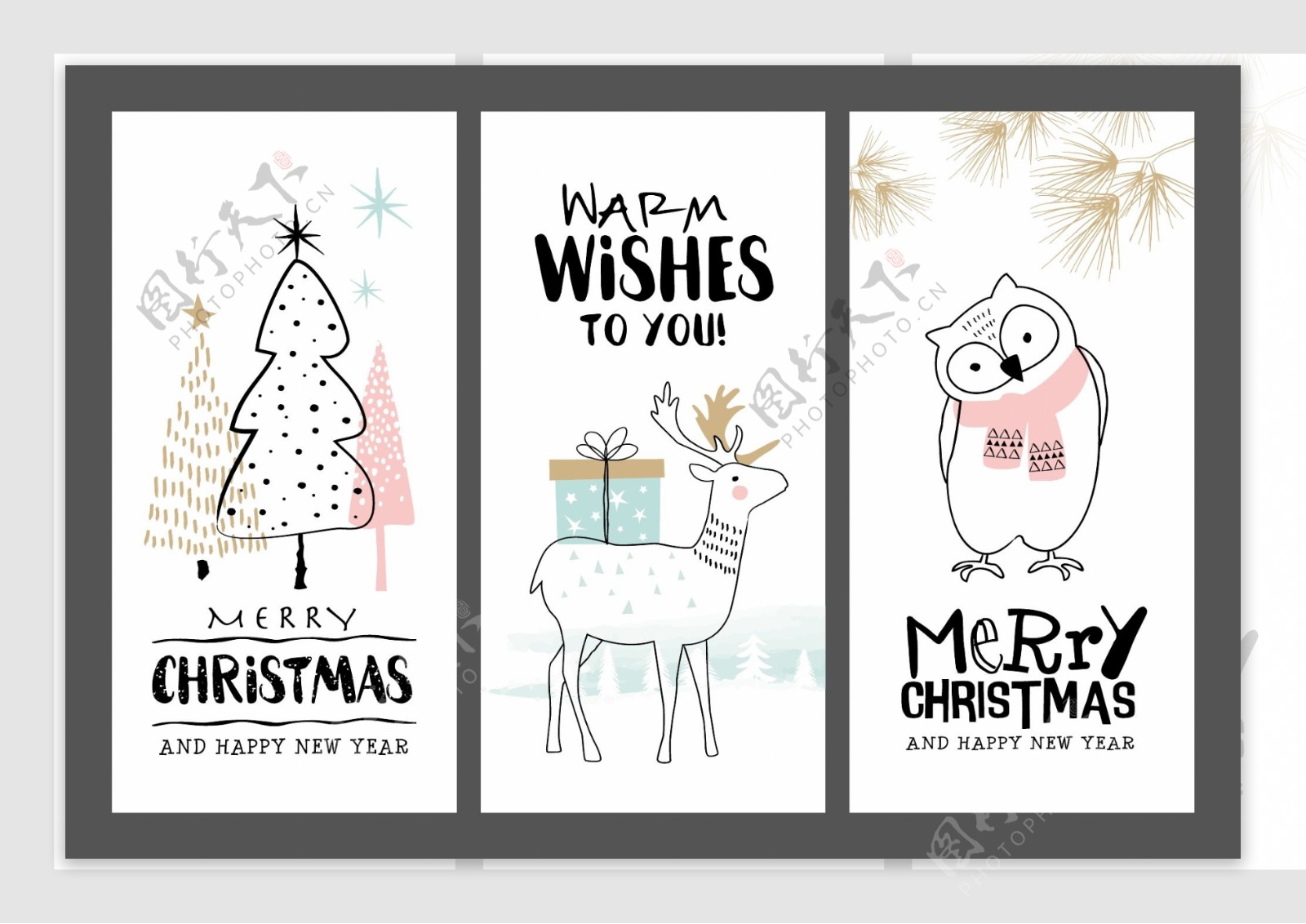 卡通圣诞节卡片动物创意卡片矢量