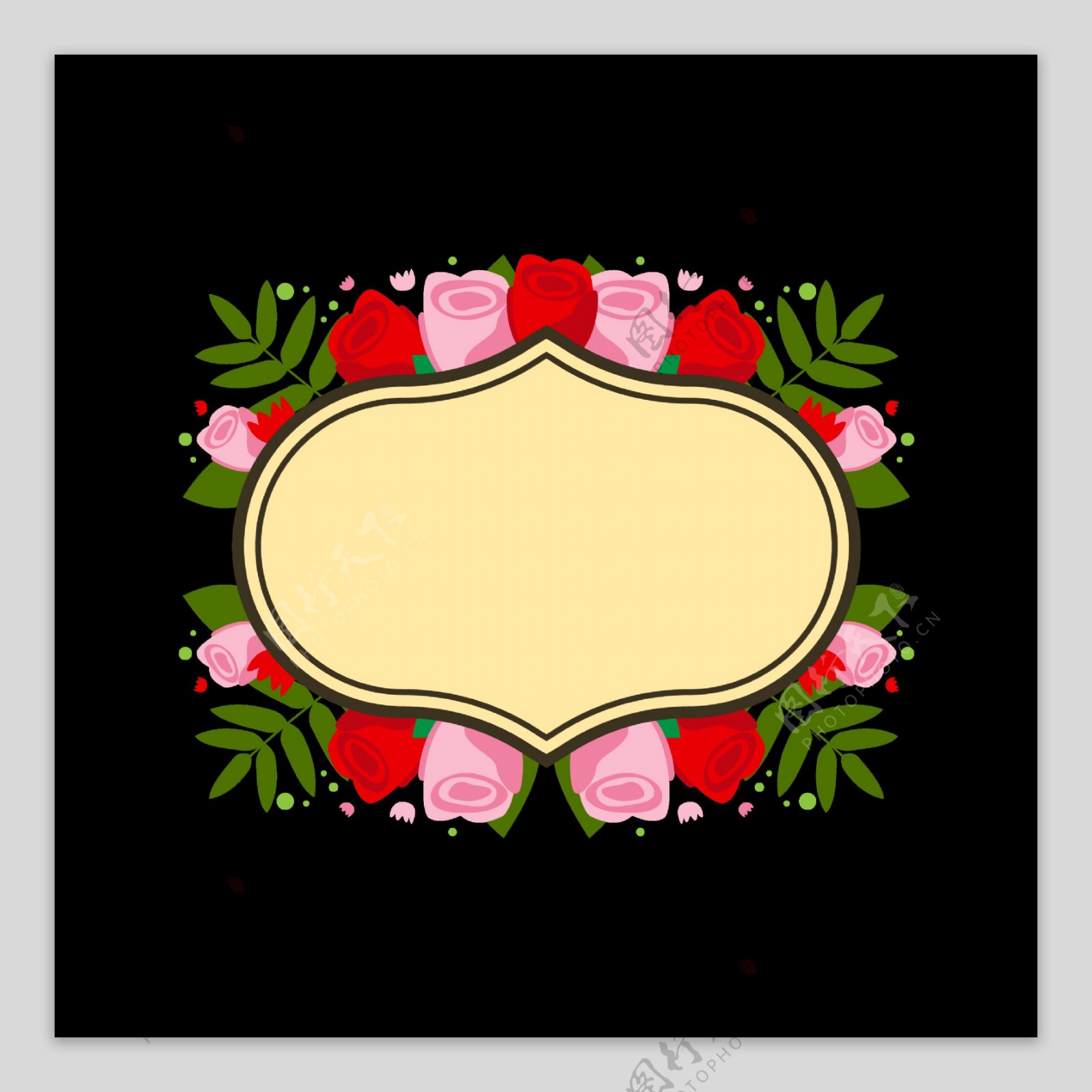 红玫瑰绿叶圆形花边免抠png透明图层素材