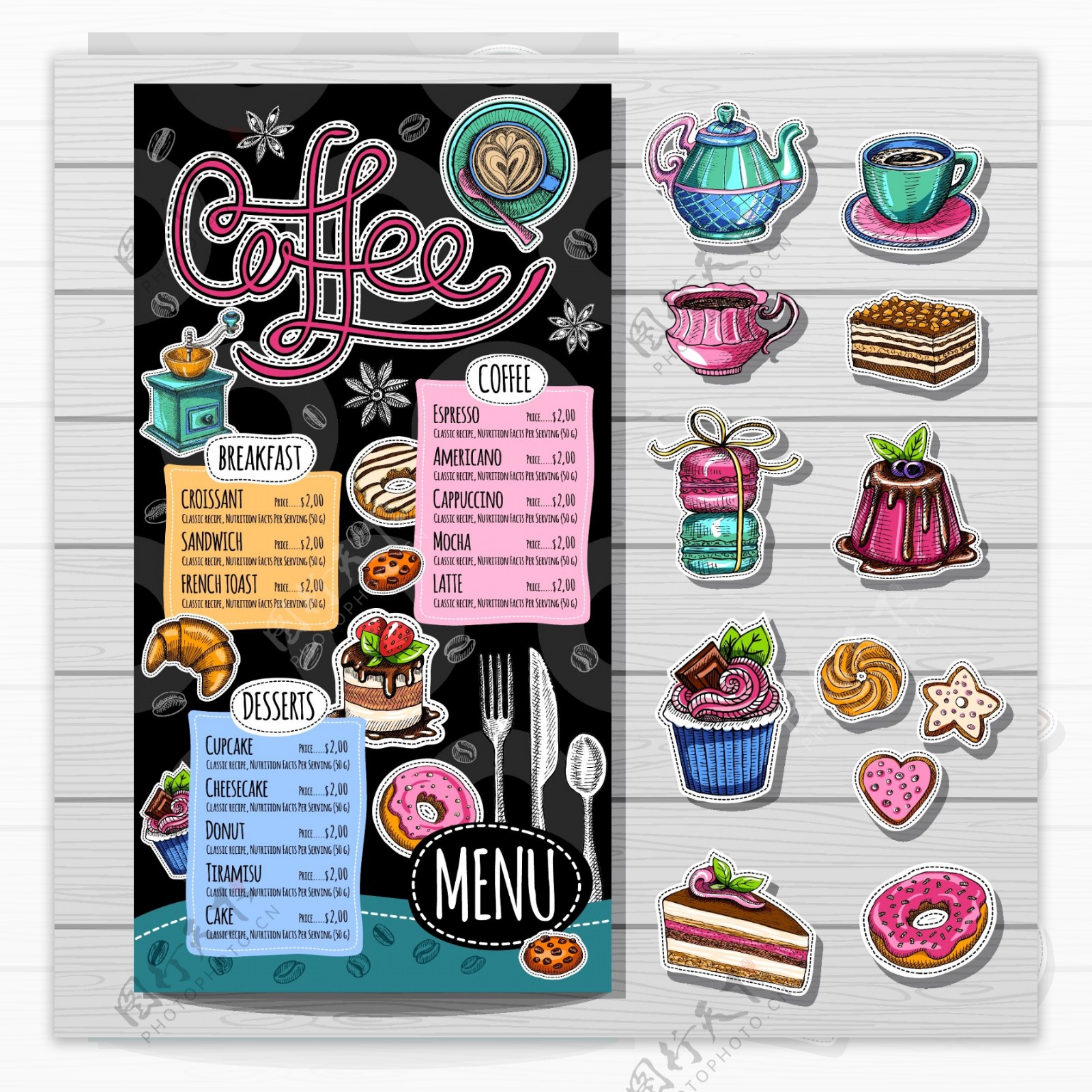 卡通插画咖啡店烘焙面包海报菜单矢量素材