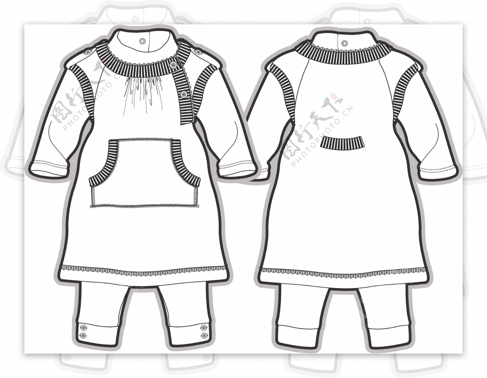 连体衣小宝宝黑白服装线稿矢量设计素材