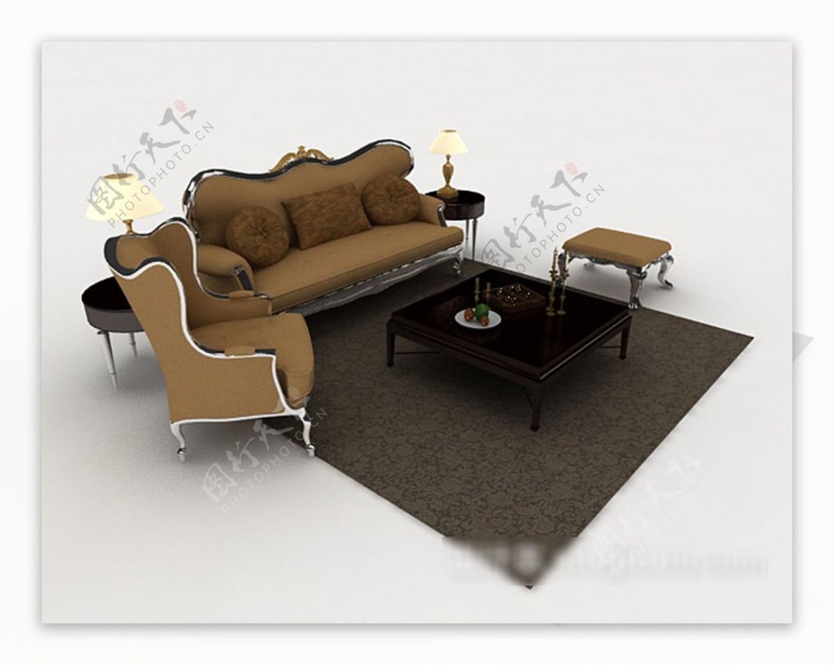 欧式家居棕色组合沙发3d模型下载