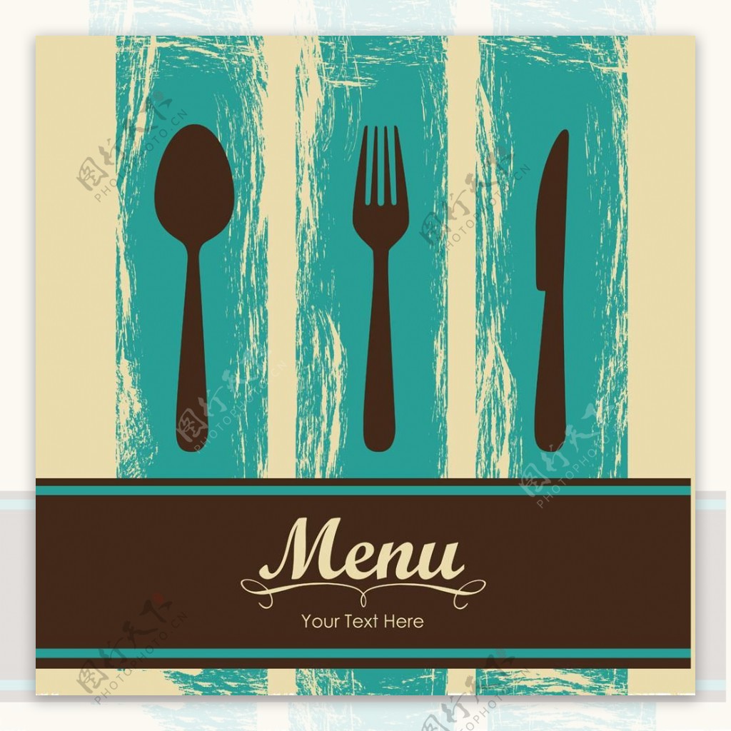 蓝色水彩刀叉菜单图片