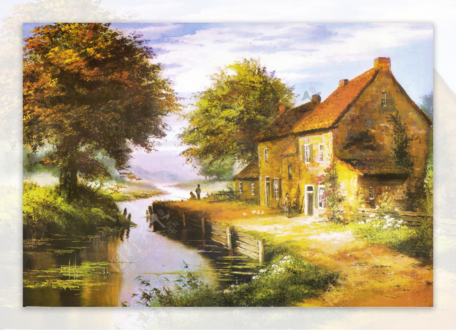 油画乡村河流与房屋图片