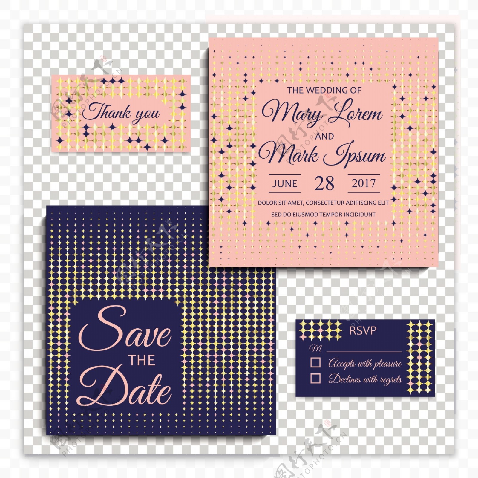 蓝色粉色装饰图案婚礼卡设计