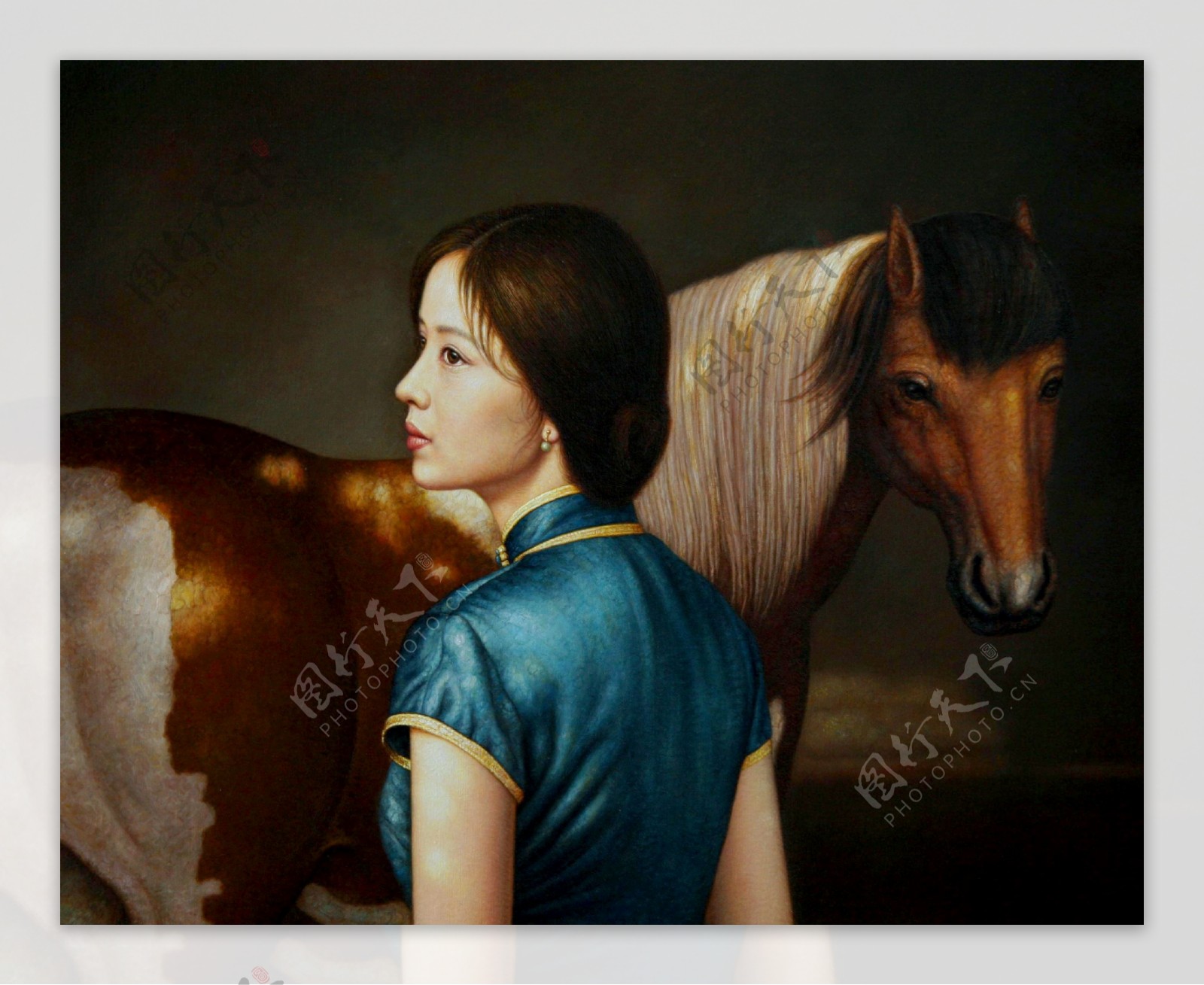 女人与马匹油画图片